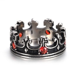 SINLEO Mens Womens Stainless Steel Vintage Royal King Crown Ring Cross Band Ruby Black Gemstone Silver Size 12