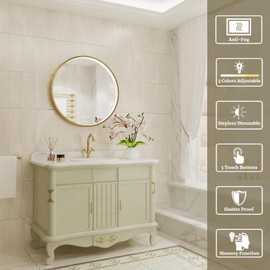 Twalsu 24 Inch Round LED Bathroom Mirror, Gold Metal Framed Lighted Mirror for Bathroom, Wall Mouted LED Vanity Mirror with Lights, 3 Colors and Stepless Dimmable, Anti-Fog, Memory