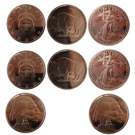 8 - 2012 .999 Copper Bullion Mixed Lot 1 AVDP Ounce Rounds