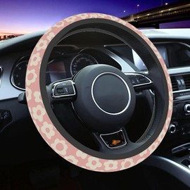 5 Pack, Flowers Vintage Groovy Steering Wheel Cover Universal 15 Inch, Vintage Groovy Flowers License Plate Frames 2 Holes with Screw Caps, Car Cup Coasters 2.75" Car Accessories for Women (02)