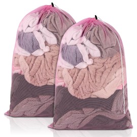 2 Pack Mesh Laundry Bags, 23 x 34 Inches Heavy Duty Mesh Laundry Bag, Large Laundry Drawstring Bag for College, Dorm, Travel, Family and Apartment Dwellers, Pink