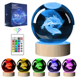 Kriimrm Axolotl Lamp - 3D Crystal Ball Night Light with 16 Color LED, Wooden Base, Remote Control for Kids