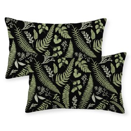 Green Leaf Plant Pillow Covers 12x20 Set of 2 Spring Tropical Fern Herbs Botanical Decorative Pillow Cases Vintage Leaves Floral Black Cushion Cover Decor Outdoor Throw Pillows for Couch Sofa