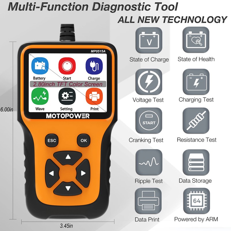 MOTOPOWER MP0515A 12V Car Battery Tester Automotive 100-2000 CCA Battery