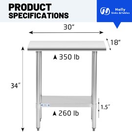Hally Stainless Steel Table for Prep & Work 18 x 30 Inches, NSF Commercial Heavy Duty Table with Undershelf and Galvanized Legs for Restaurant, Home and Hotel