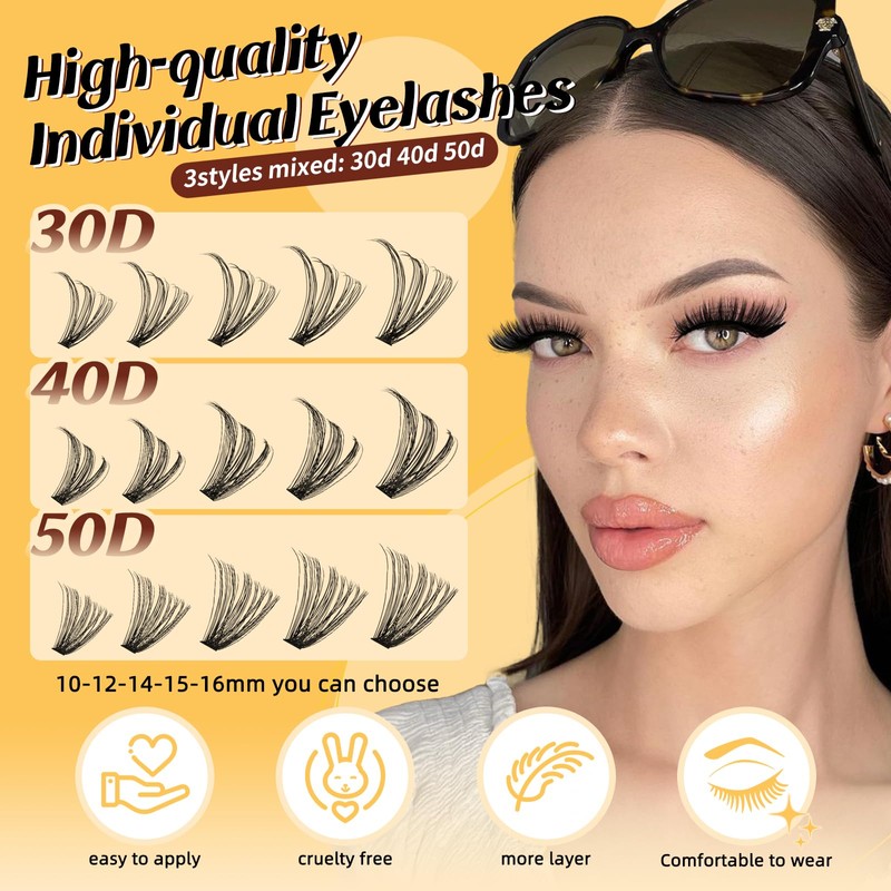QUEWEL Wimpern-Extensions 30D+40D+50D 3 gemischte Stile Cluster-Lashes, 280 Stück Lash-Extension