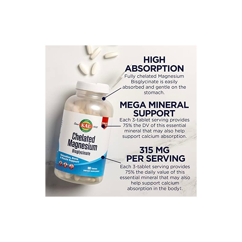 KAL Chelated Magnesium Bisglycinate, Magnesium Supplement for Relaxation, Bone Health,
