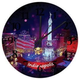 Wooden Wall Clock Silent Non-Ticking Large Numbers Battery Operated Indianapolis City Landscape Beautiful Wood Clocks US City State Pride Patriotic Wall Decor for Yoga Room Hotel Gym 12 Inch
