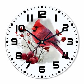 NOMEDOGYIM Red Bird Wall Clock 10 inch Round Silent Non Ticking Wood Wall Clocks Battery Operated Easy to Read Decorative Wall Clock for Bedroom Kitchen Living Room Bathroom