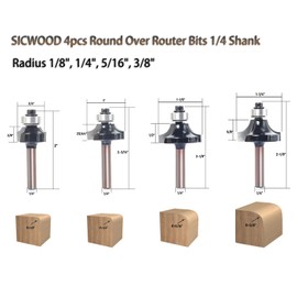 SICWOOD 4pcs Round Over Router Bits 1/4 Shank - Roundover Router Bit Set, Carbide Corner Rounding Edge-Forming Bit, Bearing Guide for Rounding Trim Radius 1/8", 1/4", 3/8", 5/16"…