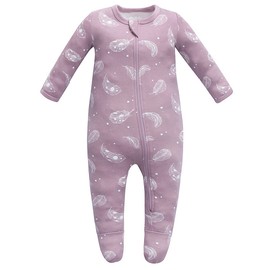 Owlivia Organic Cotton Baby Pajamas, Boys Girls Zip Front Sleep 'N Play, Footed Sleeper, Long Sleeve(3-6 Months, Feather Mauve)