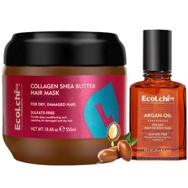 Zcvtbye Collagen Hair Mask Shea Butter & Argan Oil Hair Serum Set - Deep Conditioning Hair Treatment Mask Organic Natural Essence for Dry Damaged Hair