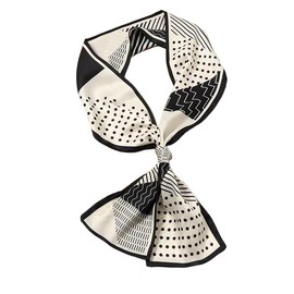 GIMIRO Satin Silk Scarf Double Layers 150 x 16 cm Tie Flowers Waist Belt for Blazer, Coat, Dress, 45#black & white dots & stripes