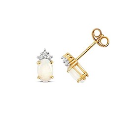 Pretty 9ct Gold Ladies Diamond Stud Earrings Brilliant Cut H - PK with Opal - 9mm*4mm WJS35362