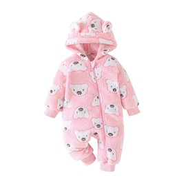 Yanmucy Newborn Baby Winter Hooded Romper Cartoon Bear Baby Snowsuit Warm Fleece Zipper Baby Girl Boy Jumpsuit 0-18 Months (Pink, 0-3 Months)