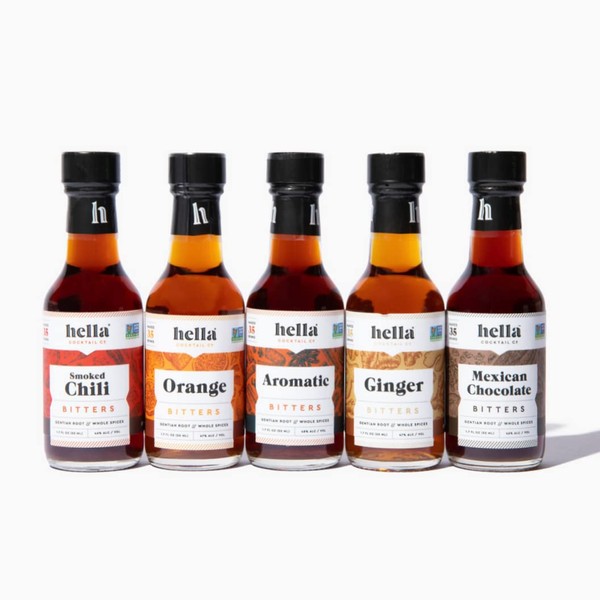 Hella Cocktail Co. 5-Pack Bitters Bar Set (8.5 Fl Oz Total) - Craft Aromatic, Orange, Ginger, Mexican Chocolate, and Smoked Chili Cocktail Bitters
