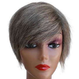 LSXCSM Salt and Pepper Short Pixie Cut Human Hair Wig – Grey Wigs with Bangs for Older Black Women – Natural Look and Lightweight