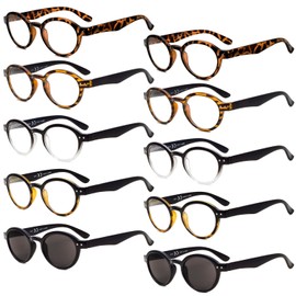 Eyekepper 10 Pack Retro Reading Glasses for Women(8 Pairs Reading Glasses & 2 Pairs Reading Sunglasses) Round Ladies Readers +1.25