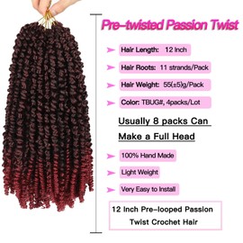 FFDDear 44 Strands Short Pre-twisted Passion Twist Crochet Hair 12 Inch Pre-Looped Passion Twist Braiding Synthetic Hair for Black Women Passion Twist Braiding Hair Extensions(12 Inch TBug)