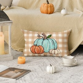 AVOIN colorlife Fall Pumpkin Plaid Pillow Cover, 12 x 20 Inch Seasonal Thanksgiving Harvest Cushion Case Decoration for Sofa Couch