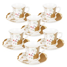 fanquare 2.5 Ounce Demitasse Cup and Saucers, 12 Pieces Ceramic Espresso Cups Set of 6, Brown Marble Pattern Espresso Mugs for Coffee Bar Home