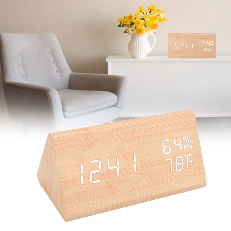 Triangular Digital Wooden Clock Time Date Temperature Humidity Display Alarm