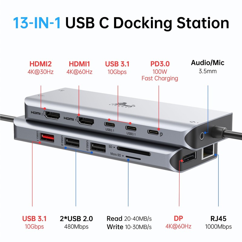 LIONWEI Laptop Docking Station 13 in 1 - Dual HDMI+DisplayPort+10Gbps,