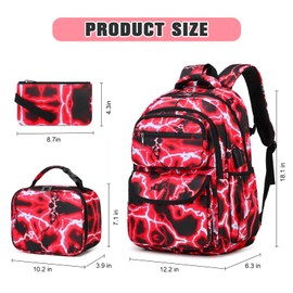 Bevalsa Backpack for Boys, Lightning School Bags with Lunch Bag & Pen Case for Kids, Bookbag for Boys Girls Teens (Red)