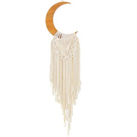 Dormitology Macrame Moon Boho Wall Hanging, White Bohemian Wooden Ornament with Long Tassel, Handmade Unique Moon Phases Wooden Art Home Decoration for Bedroom Children's Room Living Room