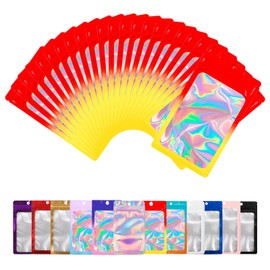 100 Pack Mylar Bags with Clear Window,Food Storage Smell Proof Bags,Scratch Resistant Hand Holographic Packaging,Resealable Bags for Small Bussiness Cookies Candy Sample (Red Yellow, 4.33*7.09 inch)