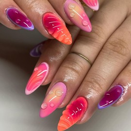 24 Pcs Ombre Press on Nails Short Almond Nail Tips,YEFIUO Acrylic Nail Kit Fake Nails Press ons Glue on Nails Full Cover Artificial Reusable False Nails 3D Water Drop Texture Nail Art Design for Women