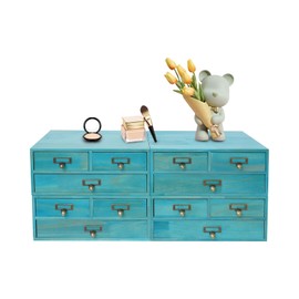 4-Pack Vintage Desktop Apothecary Cabinet w/ 3 Drawers - Wooden Desktop Organizer for Tabletop - Stackable Drawers - Desktop Chest Drawer for Herb Storage,Tea Collection,Stationery (Blue)