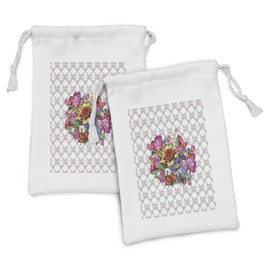 Ambesonne Floral Fabric Pouch Set of 2, Vintage Colorful Doodle Flowers Bouquet on Victorian Style Damask Image, Small Drawstring Bag for Toiletries Masks and Favors, 9" x 6", Multicolor