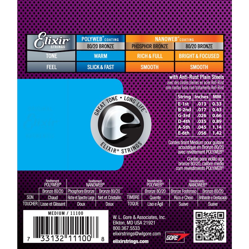 Elixir Strings 80/20 Bronze Acoustic Guitar Strings w POLYWEB Coating,