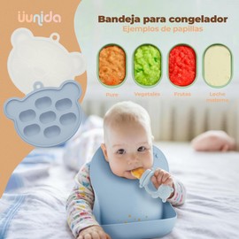 uunida baby Mordedera para Bebe – Chupon para Frutas y Papilla Congelada – Set de Alimentación Complementaria Bebe de Silicona Libre de BPA - Bandeja para Congelar Leche Materna (Pollito Azul, Chupón, Bandeja y Babero)
