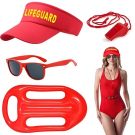 CHAOTEMAI Pack of 4 Fancy Dress Costumes Men Lifeguard Fancy Dress Costume Men Women Life Ring Inflatable Lifeguard Visor Cap Sunglasses Sports Whistles Buoy Lifeguard Costume