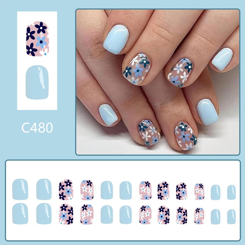 24Pcs Press on Nails Short Square Fake Nails Blue Flower