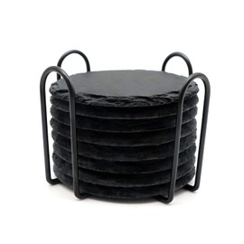 8 Pack Slate Stone Coasters, VIBRATITE 4 inch Round Drink Coasters Set with Holder for Bar Kitchen Home Decor, Black Natural Rough Edge