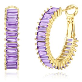 GLOQUAT Gold Purple Hoop Earrings 14K Gold Plated Amethyst Earrings for Women Purple Diamond Hoops for Women Lavender Earring Round Circle Hoops Lavender Jewelry Gift 25mm