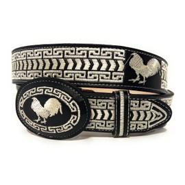 Men's Rooster Embroidered Western Leather Belt, Cinto Vaquero Bordado Con Gallo (Black, 36)