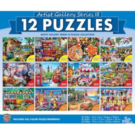 MasterPieces – Jigsaw Puzzle 12-Pack Bundle Set, Fun for Adults and Family, Artist Gallery Collection, (4) Round 100 Piece, (4) 300 Piece, (4) 500 Piece