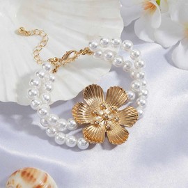 SINLOV Flower Bracelet: Multilayer Bead Bracelets Dainty Dainty Dumbbell Chain Adjustable for Women, Metal, Pearl