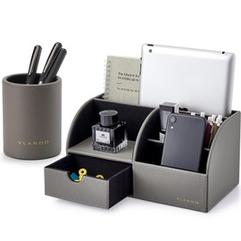 Vlando Office Desk Organizer Leather Desktop Organizer Caddy with Drawer for Storing Desktop Supplies and Accessories (Grey Set)