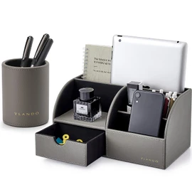 Vlando Office Desk Organizer Leather Desktop Organizer Caddy with Drawer for Storing Desktop Supplies and Accessories (Grey Set)