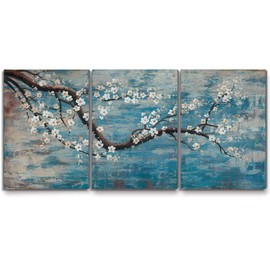 amatop Extra Large Wall Art for Living Room 100% Hand-Painted Framed Decorative Plum Floral Oil Painting Set Decorative Modern Blue Tree Artwork Ready to Hang