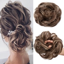 Cybelleza Hairpiece Scrunchie Hair Extensions Scrunchie Updo Hairstyles Ponytail Wavy Curly Hair Voluminous Hair Bun Messy Bun, Golden Brown & Natural Blonde