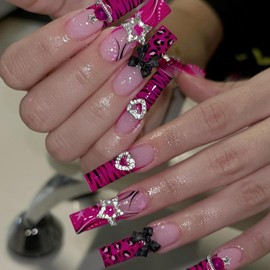 24Pcs Long Press on Nails Sweet Cool Fake Nails with Leopard Pearl Star Heart Planet Bow Charms Acrylic Nails Press ons Cute Design False Nail Art Full Cover Long Coffin Nail Tips Manicure for Women