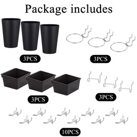 CIOUYAOS 6 Sets Pegboard Bins Peg Board Cups with Rings and 10pcs Hooks, Pegboard Holder with Loops Utility Assortment Storage Organizing for Office Craft Workshop Garage Workbench Tools Accessories