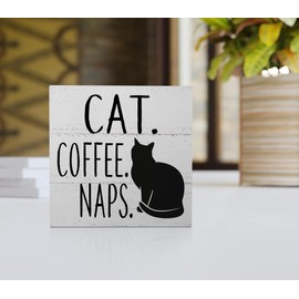 Cat & Coffee Nap Desk Sign, Rustic Wooden Block Decor for Home, Kitchen, Office - Funny Black Cat Theme