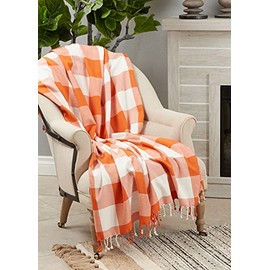 Fennco Styles Autumn Buffalo Plaid Tassel Cotton Throw Blanket 50" W x 60" L – Orange Blanket for Couch, Bedroom and Living Room Décor